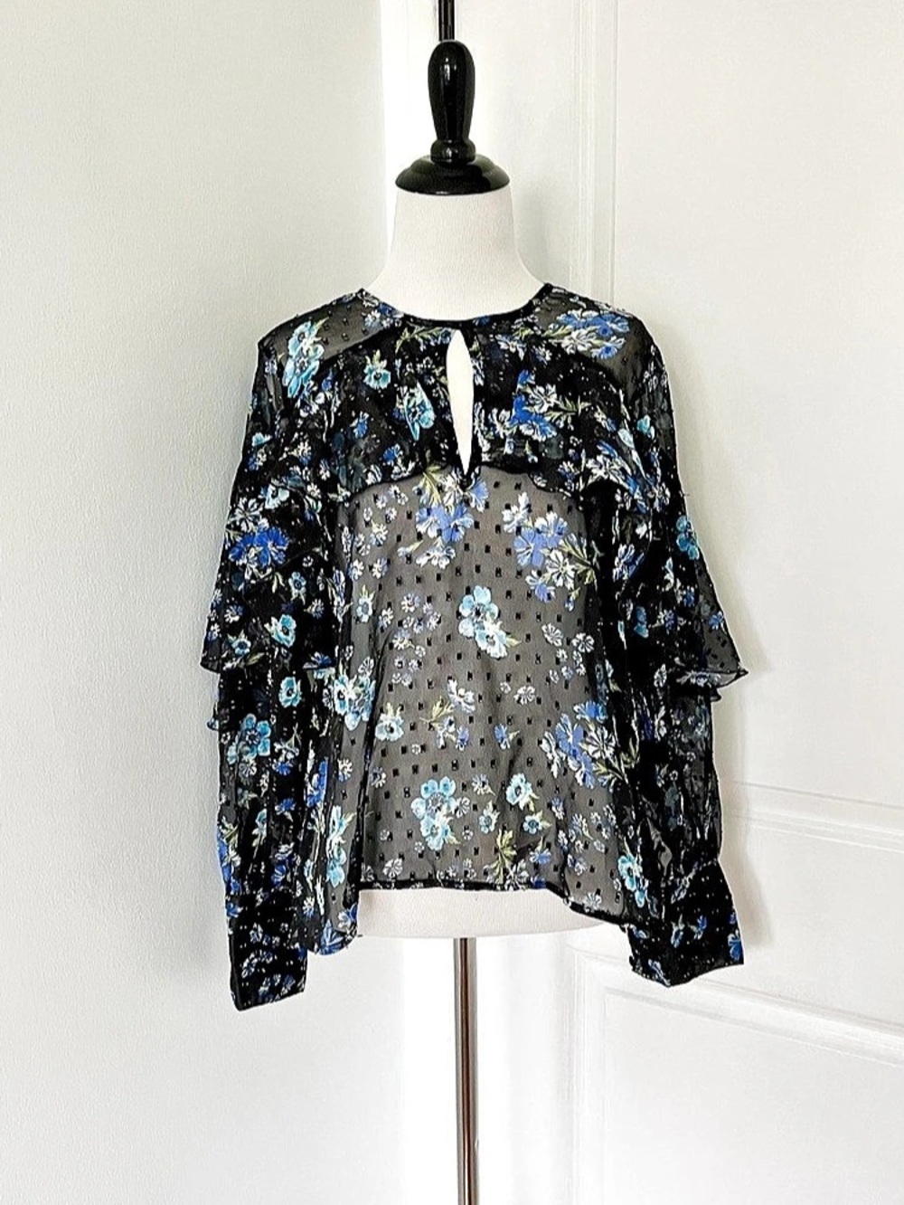 Floral Blouse in Black & Blue Size 8